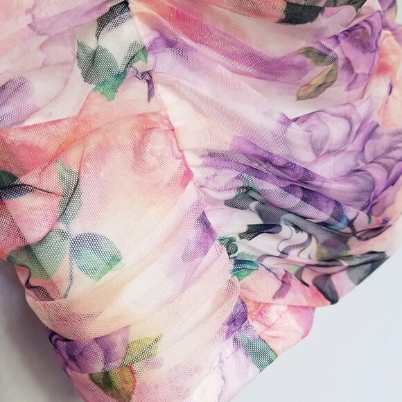 Donnee Par Dieu Corset Floral Ruched Mesh Puff Sleeve Bodycon Mini Dress Fairy M - Picture 12 of 16